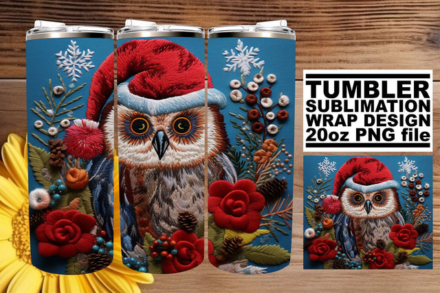 Festive Owl Tumbler Wrap Embroidered Christmas 20oz Sublimation afrosvg 