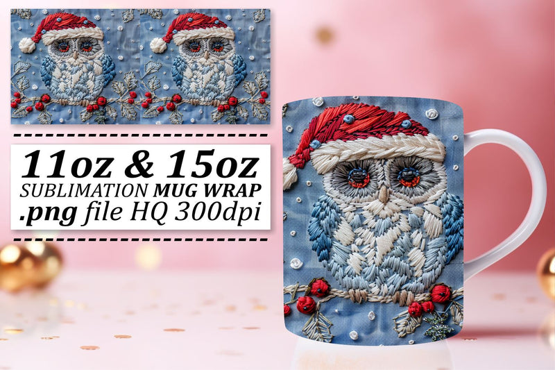 Festive Owl Wrap 11oz 15oz Mug Christmas Embroidered Sublimation afrosvg 