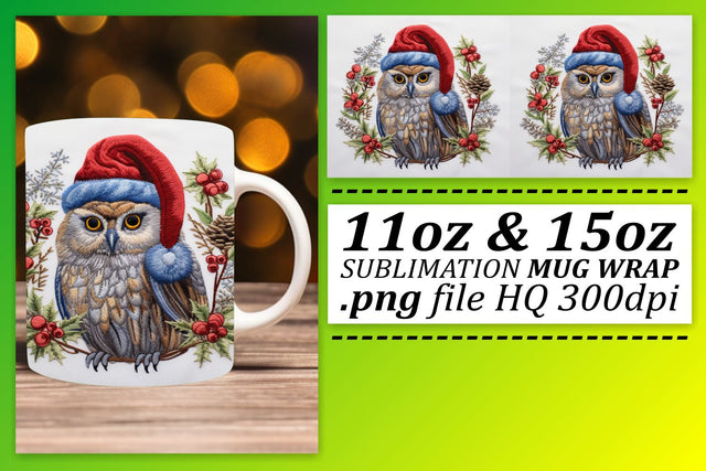 Festive Owl Wrap 11oz 15oz Mug Christmas Embroidery Sublimation afrosvg 