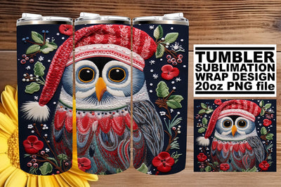 Festive Owl Wrap 20oz Tumbler Christmas Embroidery Sublimation afrosvg 