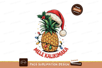 Festive pineapple wearing santa hat and christmas lights Sublimation Designangry 