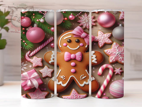 Festive Pink Gingerbread Christmas Tumbler, Christmas Gingerbread, 20oz Tumbler Wrap, Cute Holiday Decor, Gingerbread Sublimation, Festive Tumbler Art, Winter Tumbler Wrap Sublimation Lara' s Designs 