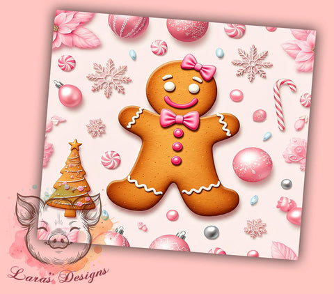 Festive Pink Gingerbread Christmas Tumbler, Christmas Gingerbread, 20oz Tumbler Wrap, Cute Holiday Decor, Gingerbread Sublimation, Festive Tumbler Art, Winter Tumbler Wrap Sublimation Lara' s Designs 