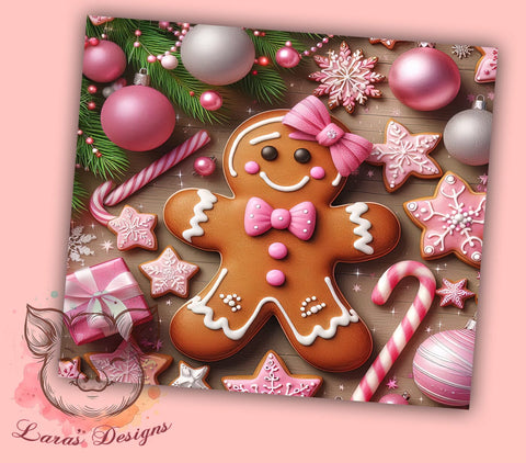 Festive Pink Gingerbread Christmas Tumbler, Christmas Gingerbread, 20oz Tumbler Wrap, Cute Holiday Decor, Gingerbread Sublimation, Festive Tumbler Art, Winter Tumbler Wrap Sublimation Lara' s Designs 