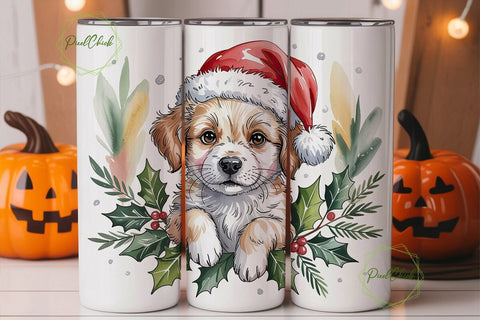 Festive Puppy Watercolor Tumbler Wrap Sublimation PixelChick 