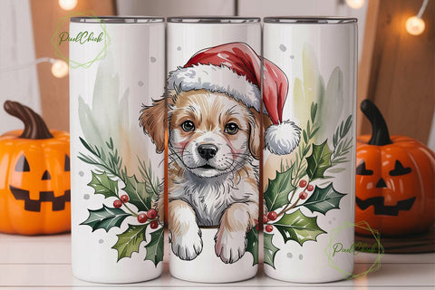 Festive Puppy Watercolor Tumbler Wrap Sublimation PixelChick 