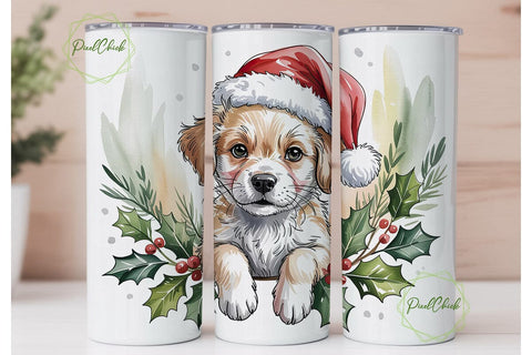 Festive Puppy Watercolor Tumbler Wrap Sublimation PixelChick 