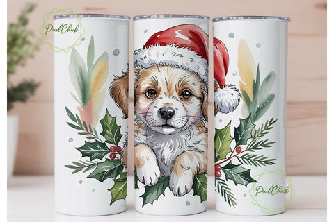 Festive Puppy Watercolor Tumbler Wrap Sublimation PixelChick 