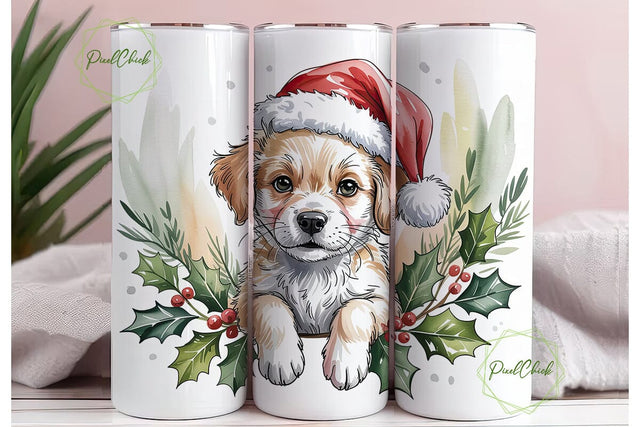 Festive Puppy Watercolor Tumbler Wrap Sublimation PixelChick 