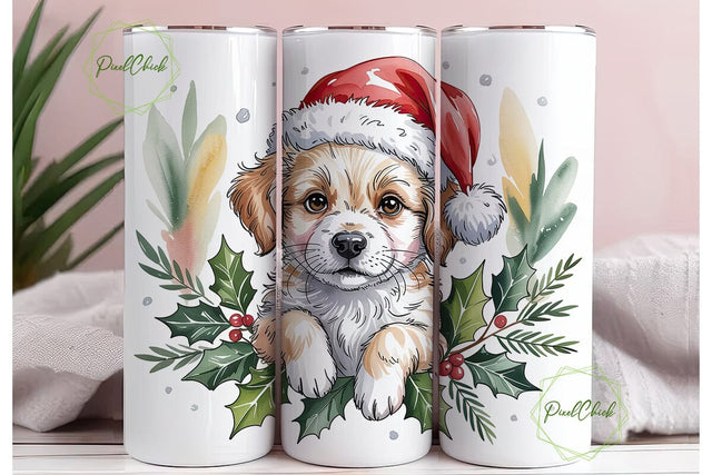 Festive Puppy Watercolor Tumbler Wrap Sublimation PixelChick 