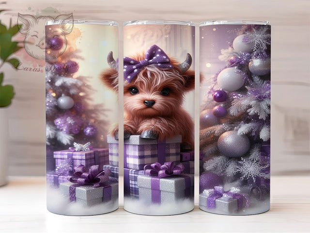 Festive Purple Christmas Cow Tumbler, Christmas Cow Wrap, 20oz Tumbler Sublimation, Festive Farm Animal Design, Holiday Cow Tumbler, Winter Highland Wrap, Cute Cow Christmas Sublimation Sublimation Lara' s Designs 