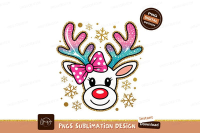 Festive reindeer with pink bow and snowflakes Christmas Sublimation Designangry 