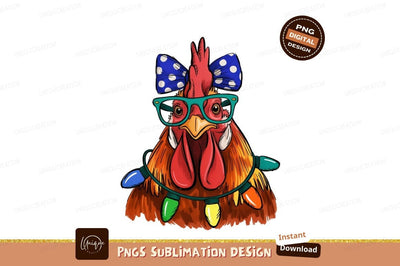 Festive Rooster With Blue Polka Dot Bow And Christmas Lights Sublimation Designangry 