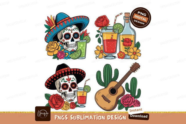 Festive skulls drinks guitar cacti flowers sombrero Sublimation Designangry 