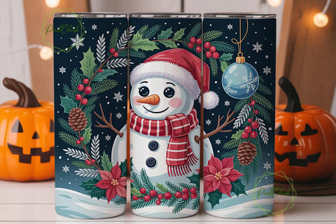 Festive Snowman Winter Wreath Tumbler Sublimation PixelChick 