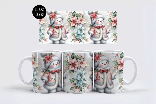 Festive Snowman with Poinsettia Mug Sublimation Design Sublimation BijouBay 