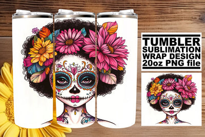 Festive Sugar Skull Woman Tumbler – 20oz Watercolor Wrap Sublimation afrosvg 
