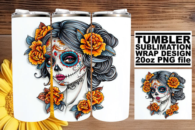 Festive Sugar Skull Woman Wrap – 20oz Watercolor Sublimation afrosvg 