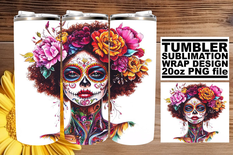Festive Sugar Skull Wrap – 20oz Watercolor Design Sublimation afrosvg 