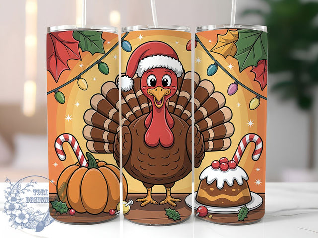 Festive Turkey Christmas Holiday Tumbler, Santa Hat Wrap, Candy Cane Design, Pumpkin Pie Tumbler, 20oz Sublimation Wrap, Holiday Thanksgiving Drinkware, Christmas Turkey Design Sublimation ToriDesigns 