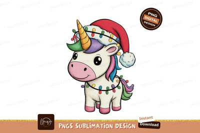 Festive unicorn with colorful lights and santa hat Sublimation Designangry 
