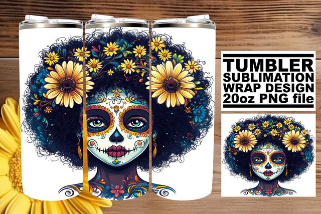 Festive Watercolor Calavera Tumbler – 20oz Wrap Sublimation afrosvg 
