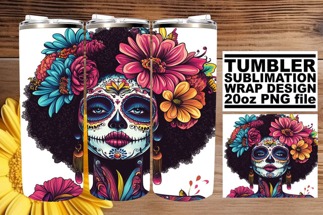 Festive Watercolor Skull Design – 20oz Tumbler Art Sublimation afrosvg 
