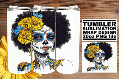 Festive Watercolor Skull Woman – 20oz Tumbler Design Sublimation afrosvg 