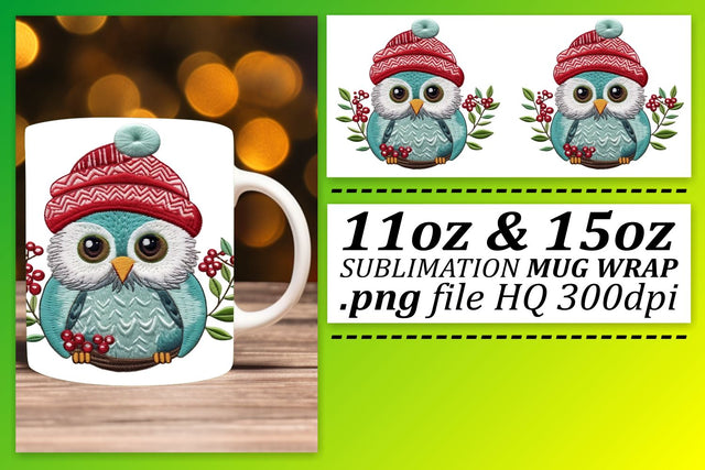 Festive Winter Owl Wrap for 11oz 15oz Mug Embroidered Sublimation afrosvg 