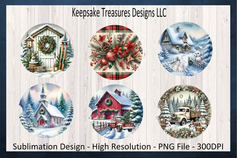 Festive Winter Scenes Car Coaster Set Six Different Designs Sublimation PNG Sublimation Keepsake Treasures Designs LLC. 