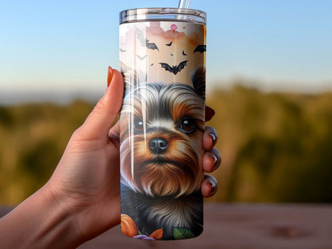 Festive Yorkie & Pumpkins Halloween Tumbler Wrap Design Sublimation BijouBay 