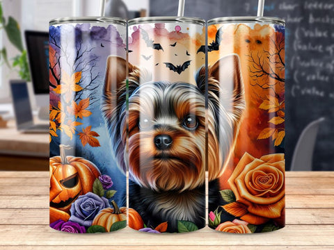 Festive Yorkie & Pumpkins Halloween Tumbler Wrap Design Sublimation BijouBay 