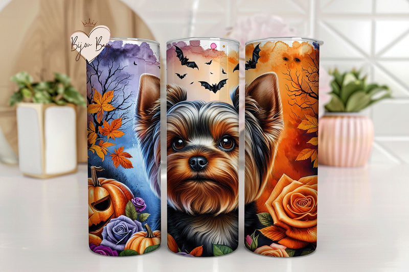 Festive Yorkie & Pumpkins Halloween Tumbler Wrap Design Sublimation BijouBay 