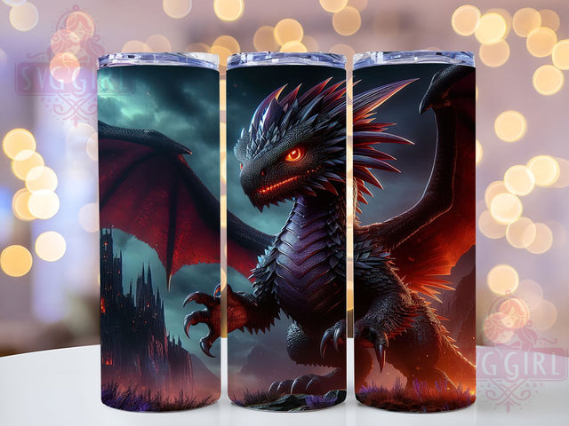 Fiery Black Dark Fantasy Dragon Tumbler, Fire Dragon Wrap, 20Oz Skinny Tumbler, Mythical Beast Sublimation, Dark Fantasy Tumbler, Fiery Dragon Design, Powerful Creature Wrap Sublimation SvggirlplusArt 