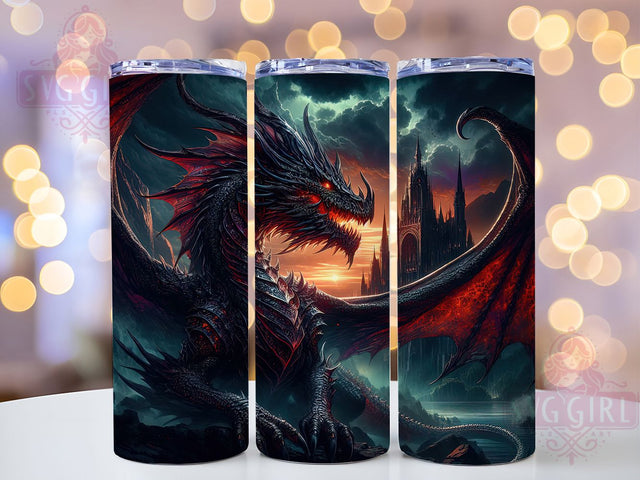 Fiery Black Dark Fantasy Dragon Tumbler, Fire Dragon Wrap, 20Oz Skinny Tumbler, Mythical Beast Sublimation, Dark Fantasy Tumbler, Fiery Dragon Design, Powerful Creature Wrap Sublimation SvggirlplusArt 
