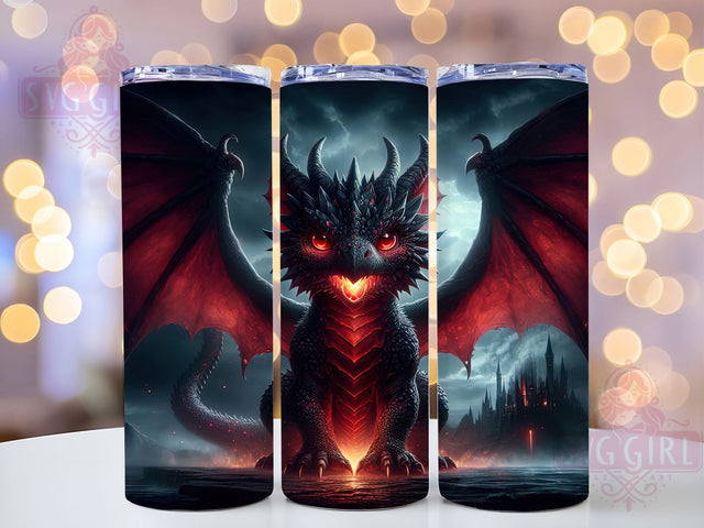 Fiery Black Dark Fantasy Dragon Tumbler, Fire Dragon Wrap, 20Oz Skinny Tumbler, Mythical Beast Sublimation, Dark Fantasy Tumbler, Fiery Dragon Design, Powerful Creature Wrap Sublimation SvggirlplusArt 
