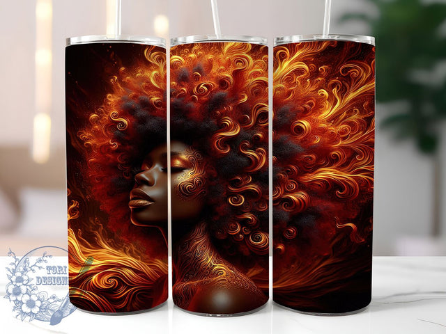 Fiery Melanin Queen 3D Tumbler, Fire Element Wrap, 20oz Tumbler Sublimation, Melanin Flame Design, Fierce Afro Diva Sublimation, Empowered Heat Tumbler, Bold Fiery Woman Wrap Sublimation ToriDesigns 