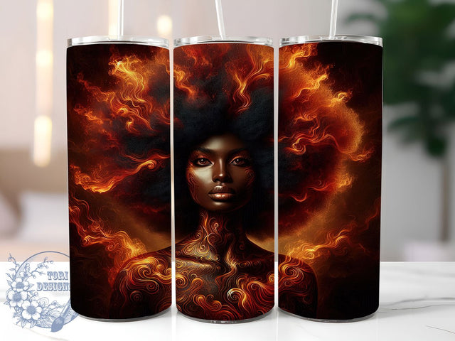 Fiery Melanin Queen 3D Tumbler, Fire Element Wrap, 20oz Tumbler Sublimation, Melanin Flame Design, Fierce Afro Diva Sublimation, Empowered Heat Tumbler, Bold Fiery Woman Wrap Sublimation ToriDesigns 