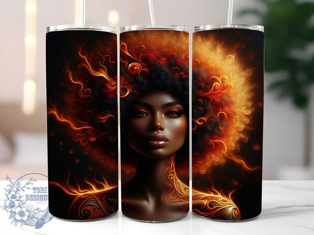 Fiery Melanin Queen 3D Tumbler, Fire Element Wrap, 20oz Tumbler Sublimation, Melanin Flame Design, Fierce Afro Diva Sublimation, Empowered Heat Tumbler, Bold Fiery Woman Wrap Sublimation ToriDesigns 