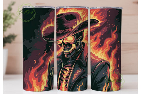 Fiery Skull Cowboy 20oz Tumbler Wrap Sublimation PixelChick 