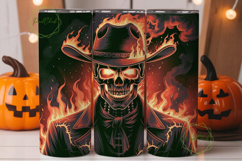 Fiery Skull Cowboy 20oz Tumbler Wrap Sublimation PixelChick 