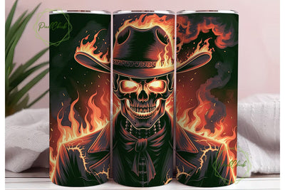 Fiery Skull Cowboy 20oz Tumbler Wrap Sublimation PixelChick 