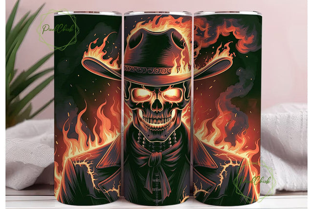 Fiery Skull Cowboy 20oz Tumbler Wrap Sublimation PixelChick 
