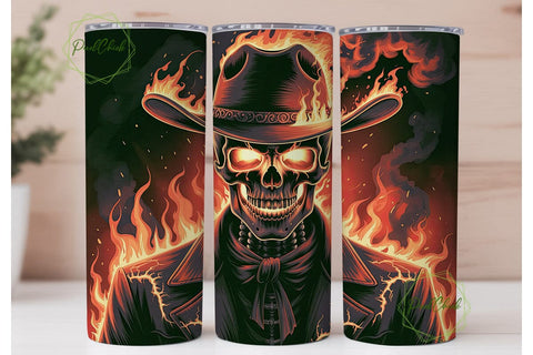 Fiery Skull Cowboy 20oz Tumbler Wrap Sublimation PixelChick 