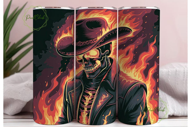 Fiery Skull Cowboy 20oz Tumbler Wrap Sublimation PixelChick 
