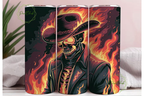 Fiery Skull Cowboy 20oz Tumbler Wrap Sublimation PixelChick 