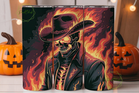 Fiery Skull Cowboy 20oz Tumbler Wrap Sublimation PixelChick 