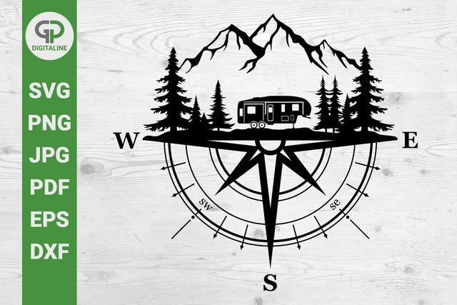Fifth Wheel RV Camper SVG, 5th Wheel Travel Trailer SVG, Compass SVG, Camping SVG, Traveling SVG, Forest SVG, Woods SVG, Pine Trees SVG, Mountain SVG, Hill SVG, Outdoor SVG SVG GPDigitaline 