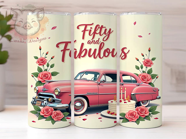 Fifty and Fabulous, Pink Truck PNG, Birthday Tumbler, Sublimation Design, 50th Birthday Gift, Fun Drinkware, Celebration Tumbler Sublimation Lara' s Designs 