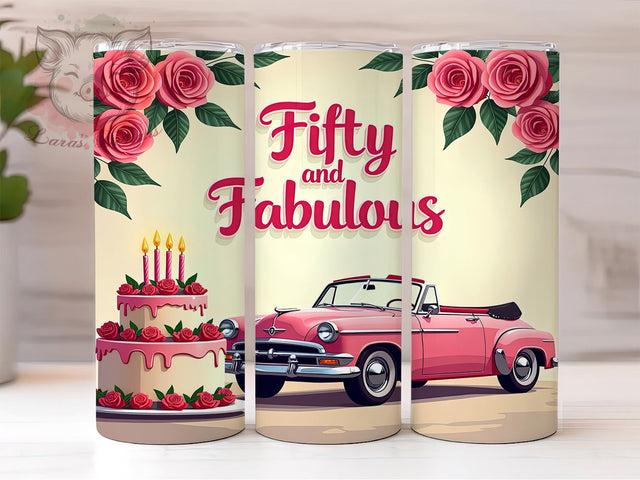 Fifty and Fabulous, Pink Truck PNG, Birthday Tumbler, Sublimation Design, 50th Birthday Gift, Fun Drinkware, Celebration Tumbler Sublimation Lara' s Designs 